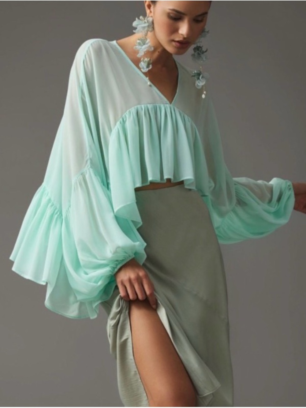 Anthropologie Let Me Be Babydoll Sheer Mint Ruffle Crop Blouse NWT